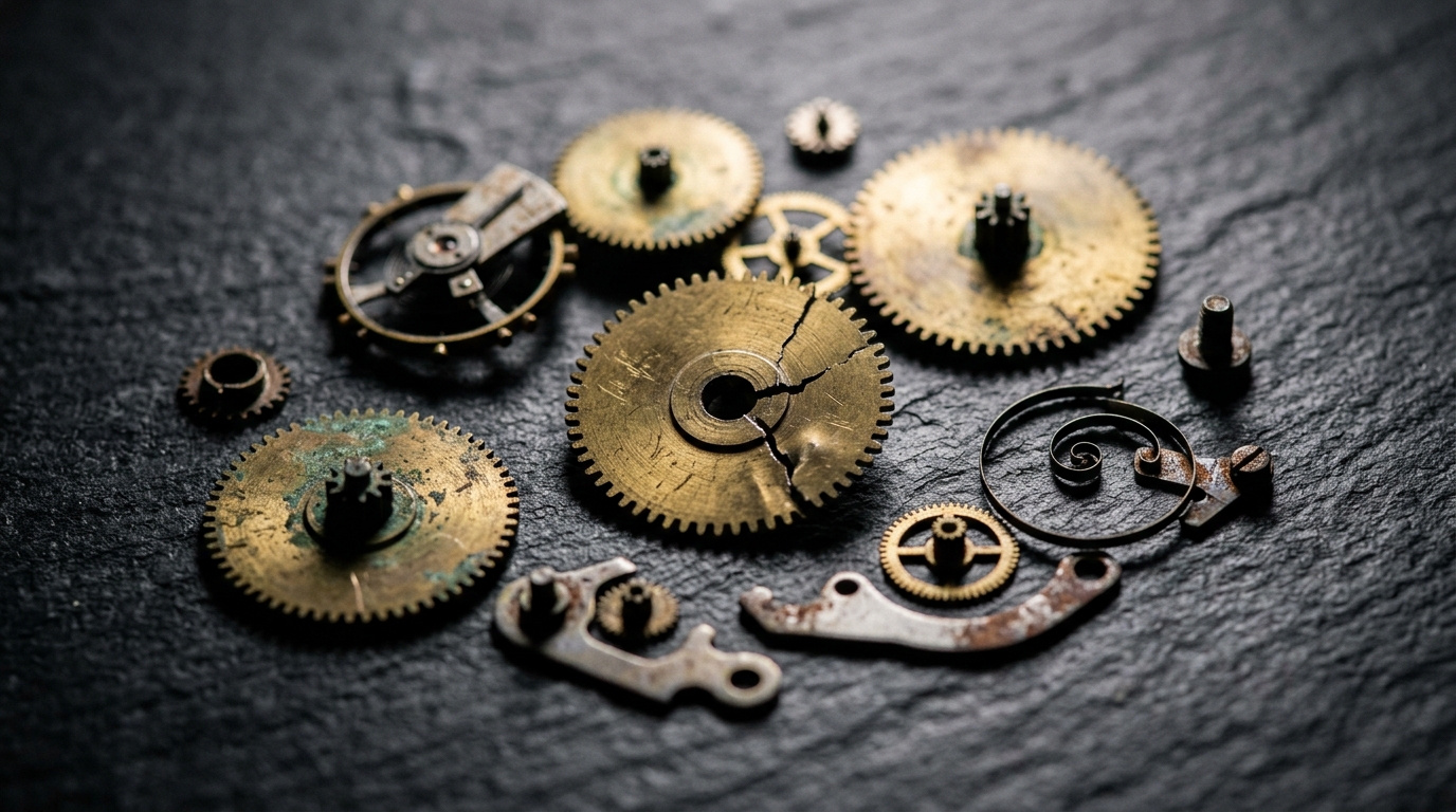 Worn brass gears and mechanical parts on dark slate surface