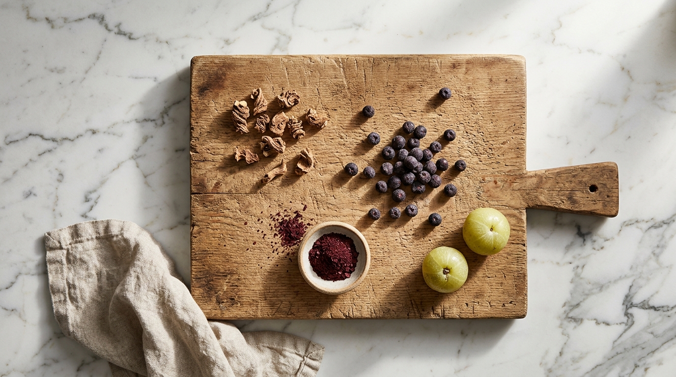Botanical ingredients on wooden board overhead view