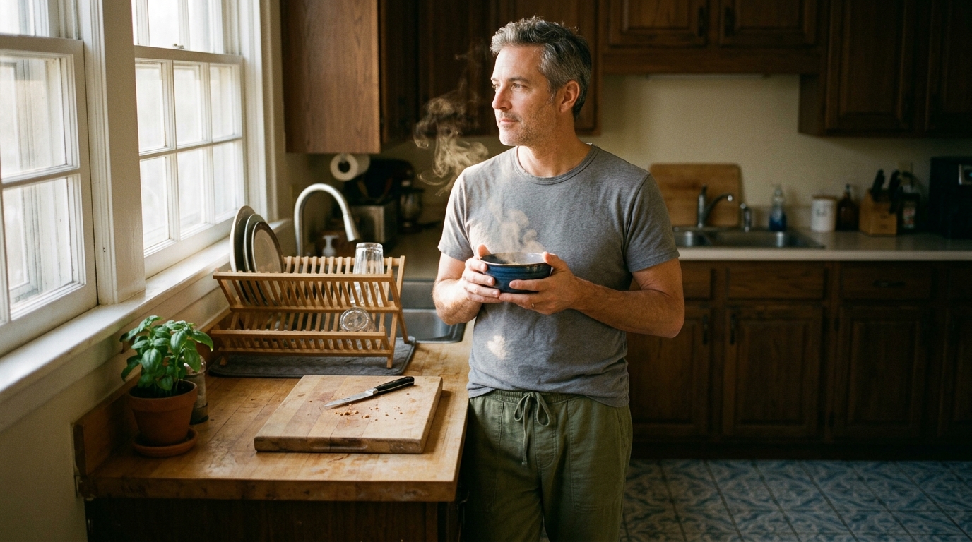 Man standing in morning kitchen holding warm ceramic bowl with clear eyes