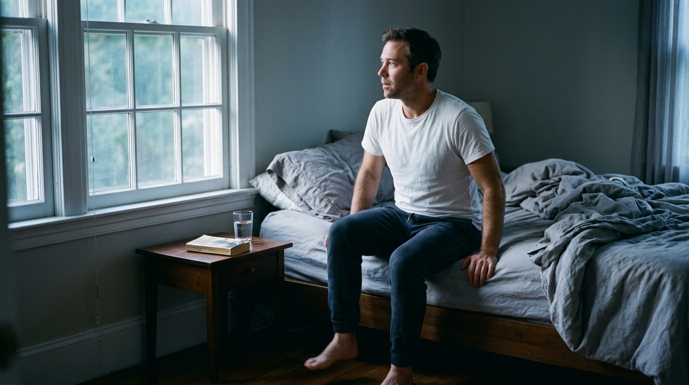 Man sitting on bed edge at dawn about to stand