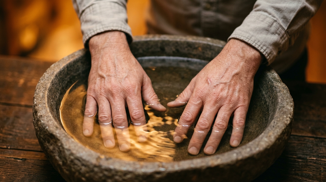 Mans hands resting in shallow stone water basin in warm light