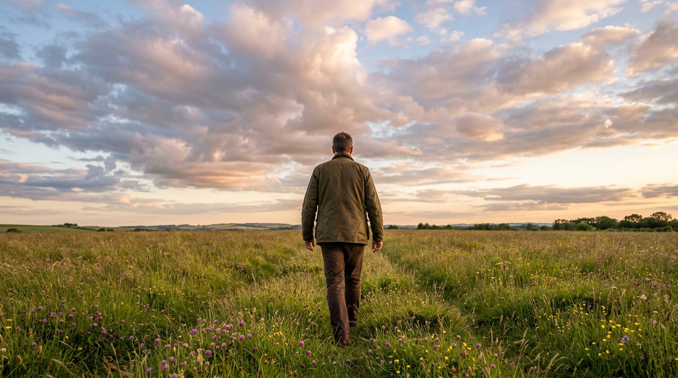 Man walking through open grass field toward warm late afternoon horizon