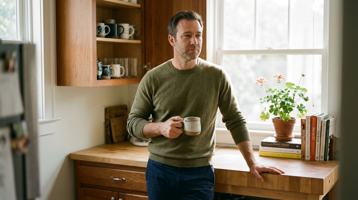 Man standing in sunlit kitchen holding coffee mug