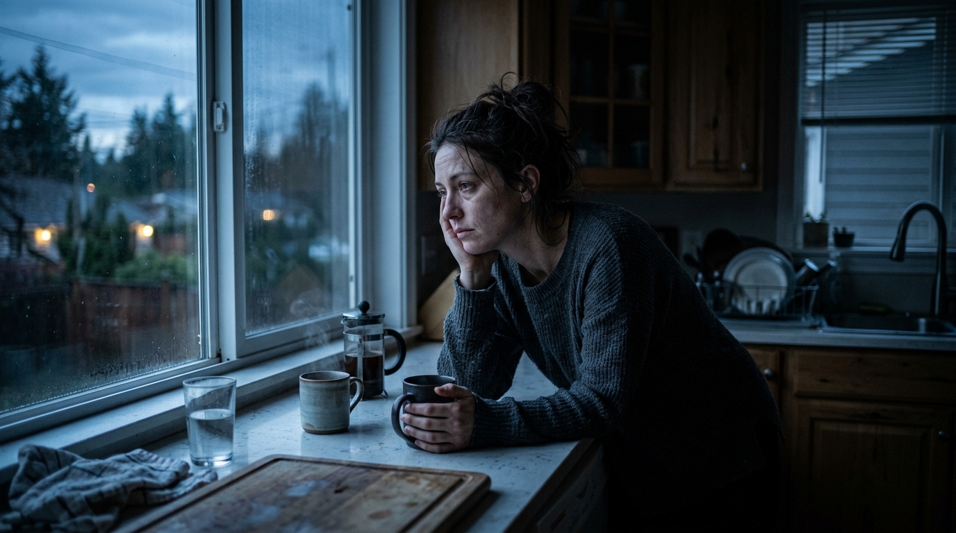 exhausted woman with morning coffee looking tired