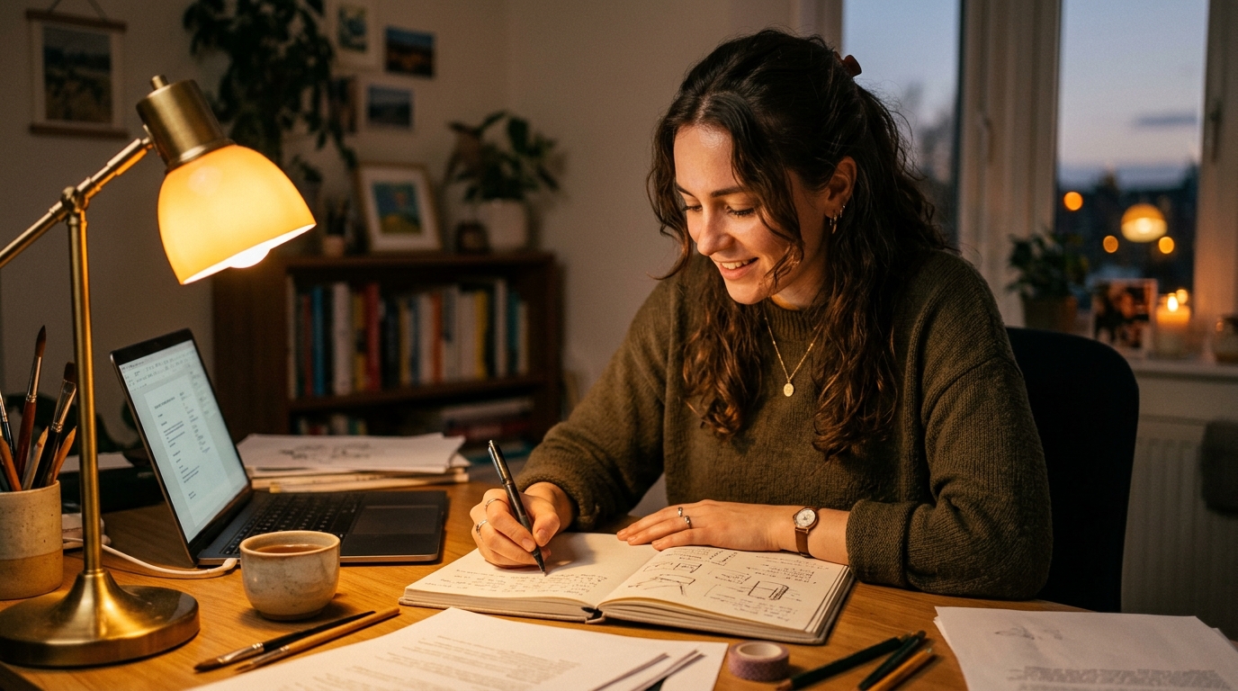 woman working productively in evening lamp light