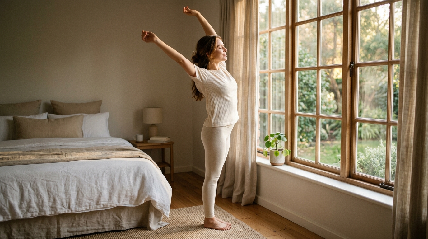 refreshed woman stretching peacefully by window