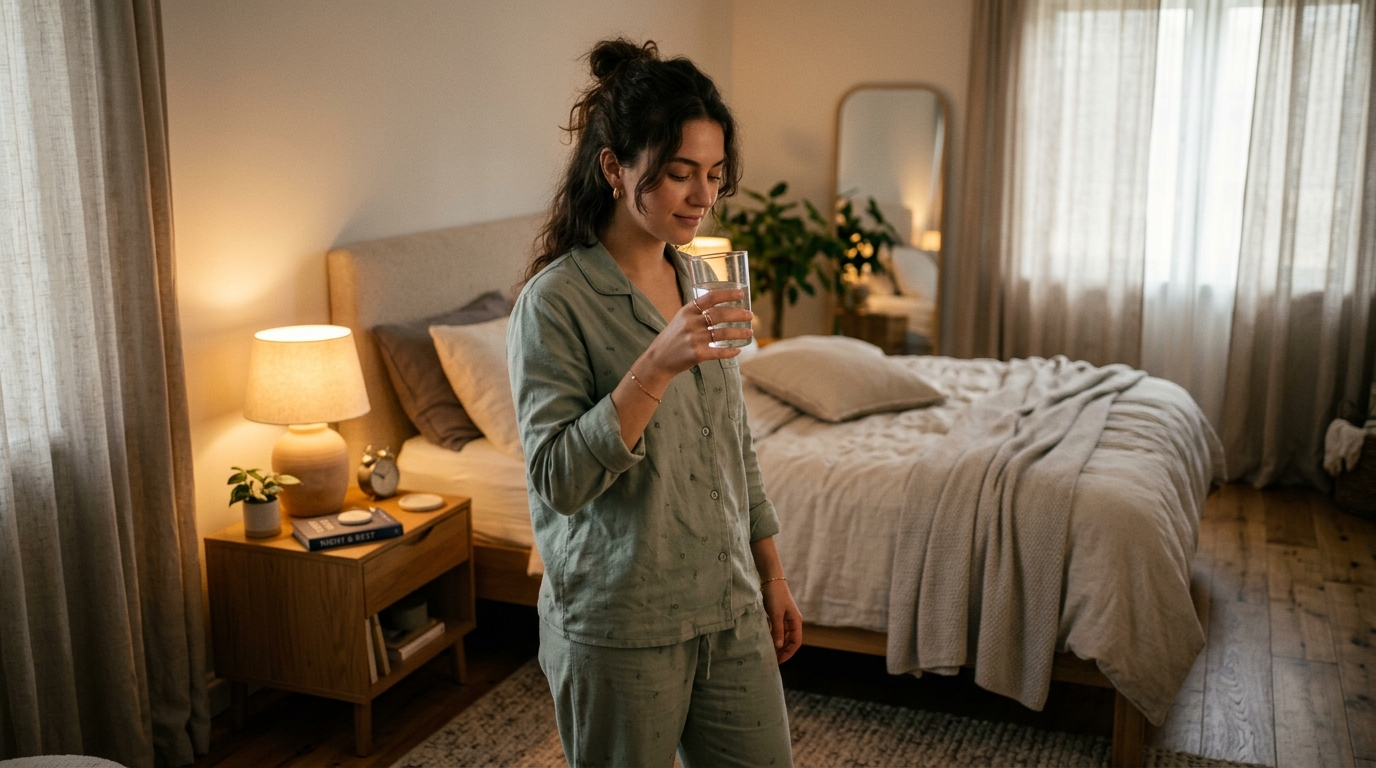 woman preparing for restful sleep in bedroom