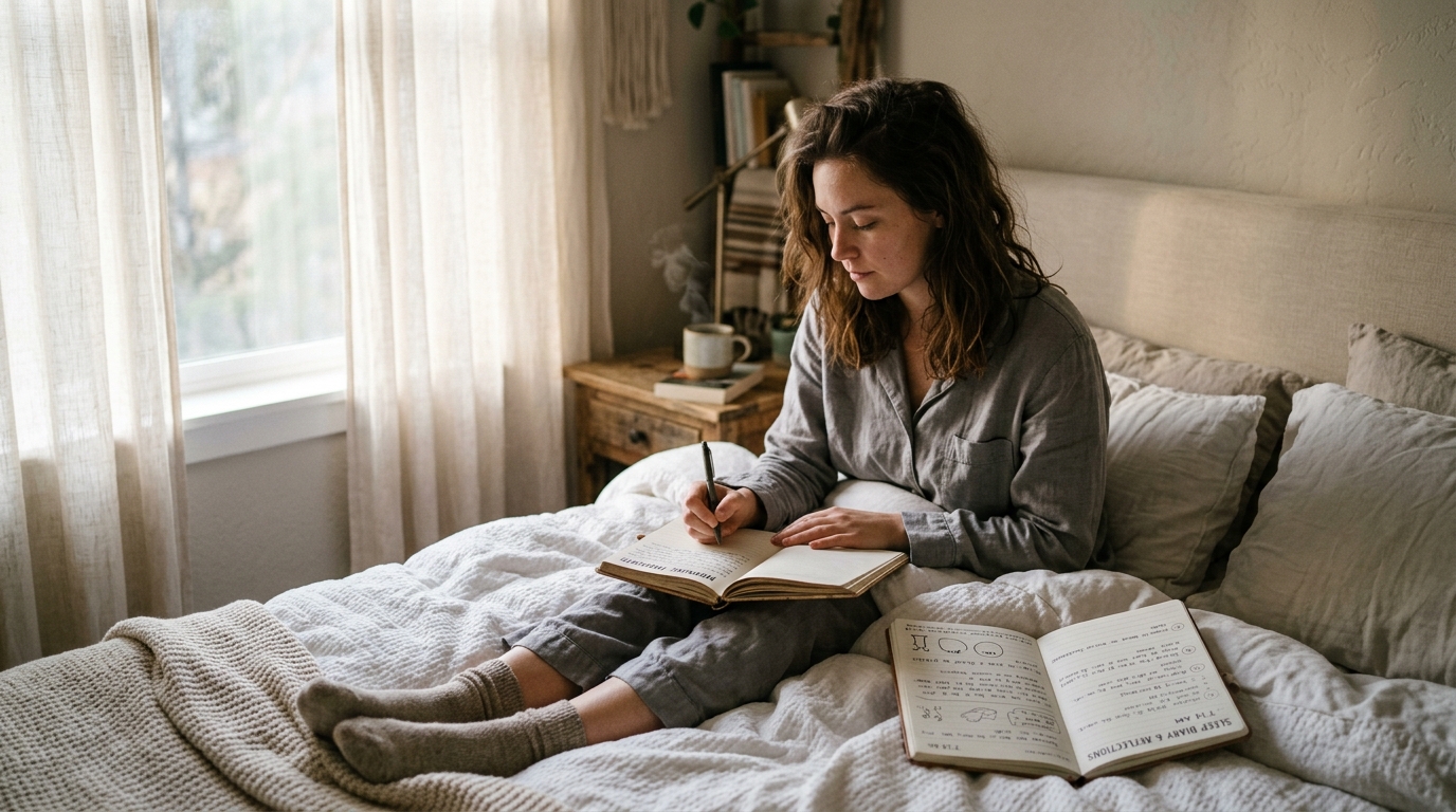 woman journaling about sleep patterns in morning light