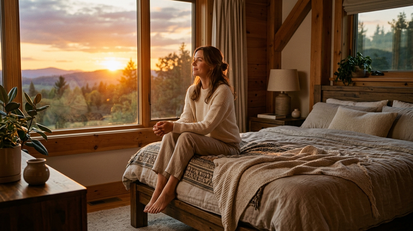 content woman in peaceful bedroom during sunset