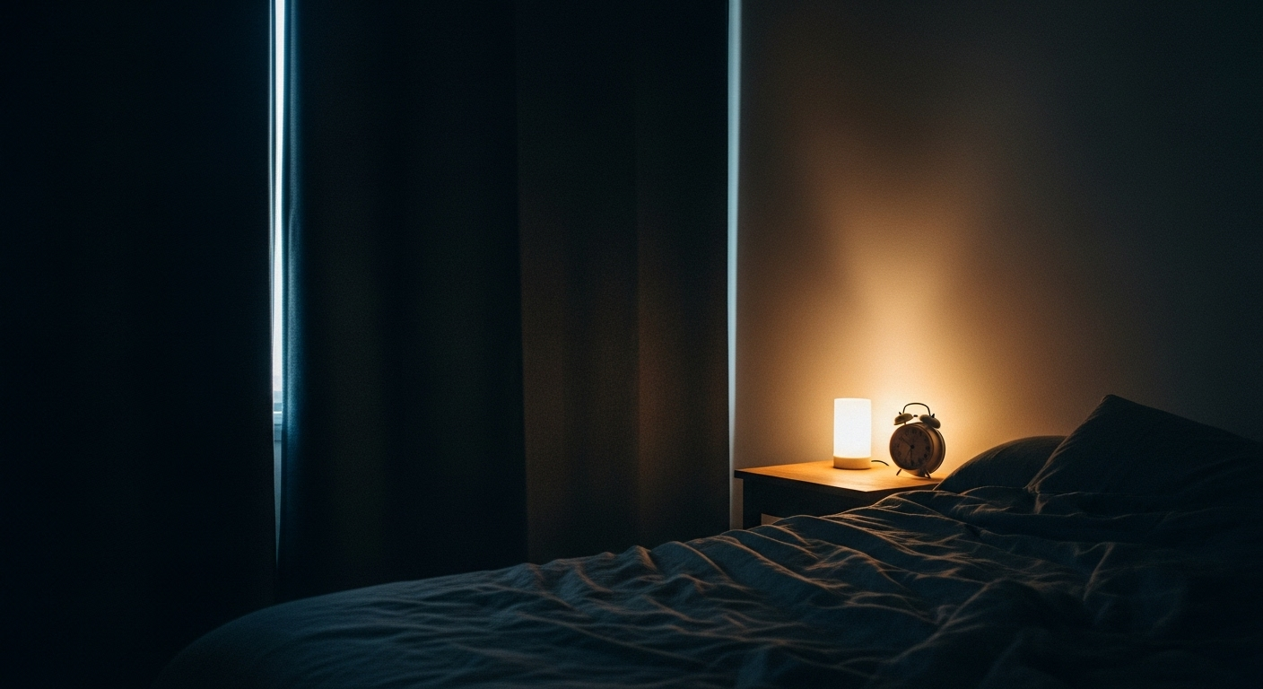 Dark, cool bedroom with linen bedding and dim bedside lamp, no screens in sight.