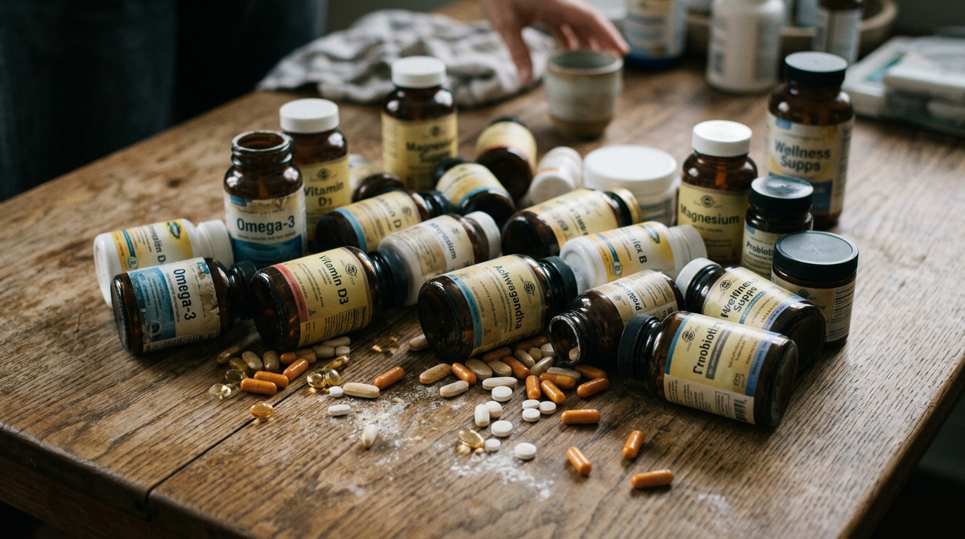 scattered supplements on wooden table