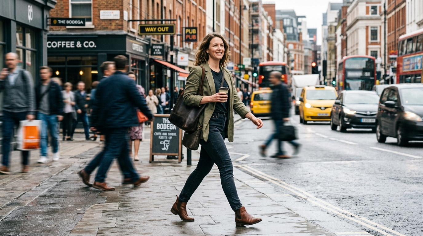 confident woman walking through busy street