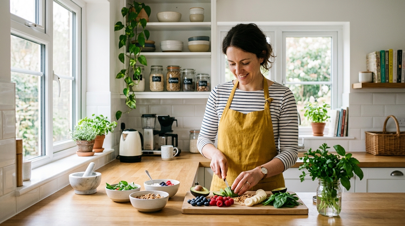 woman preparing healthy meal morning kitchen