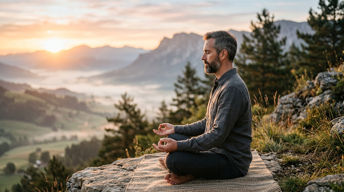 man peaceful outdoor sunrise meditation