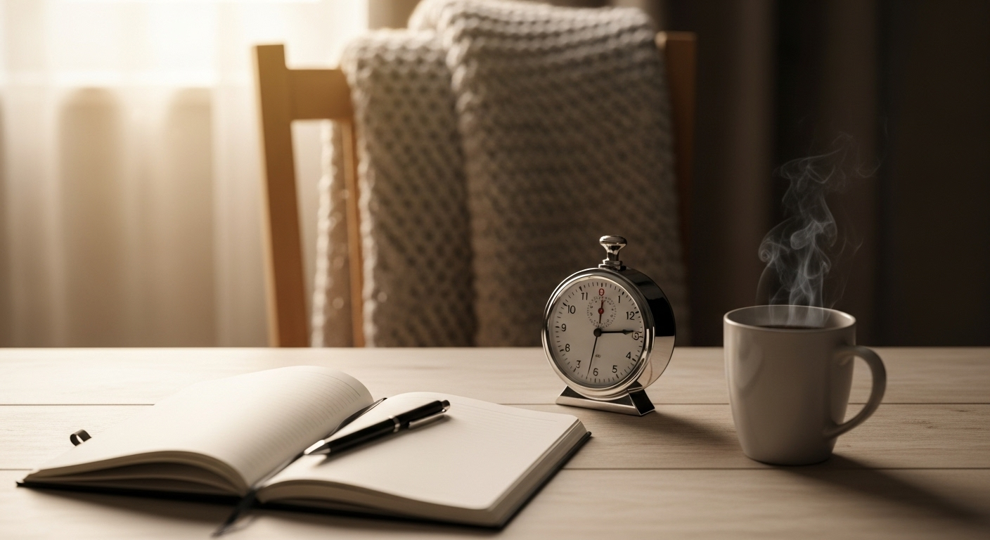 Open notebook, pen, and steaming mug on a wooden table in warm morning light.