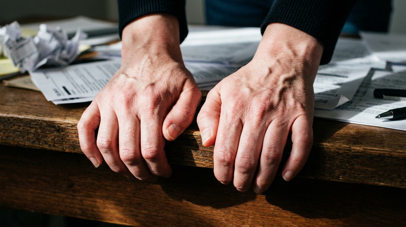 tense hands gripping desk showing physical stress