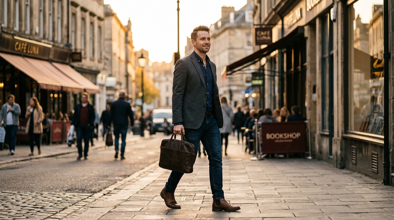 confident man walking peacefully through city street