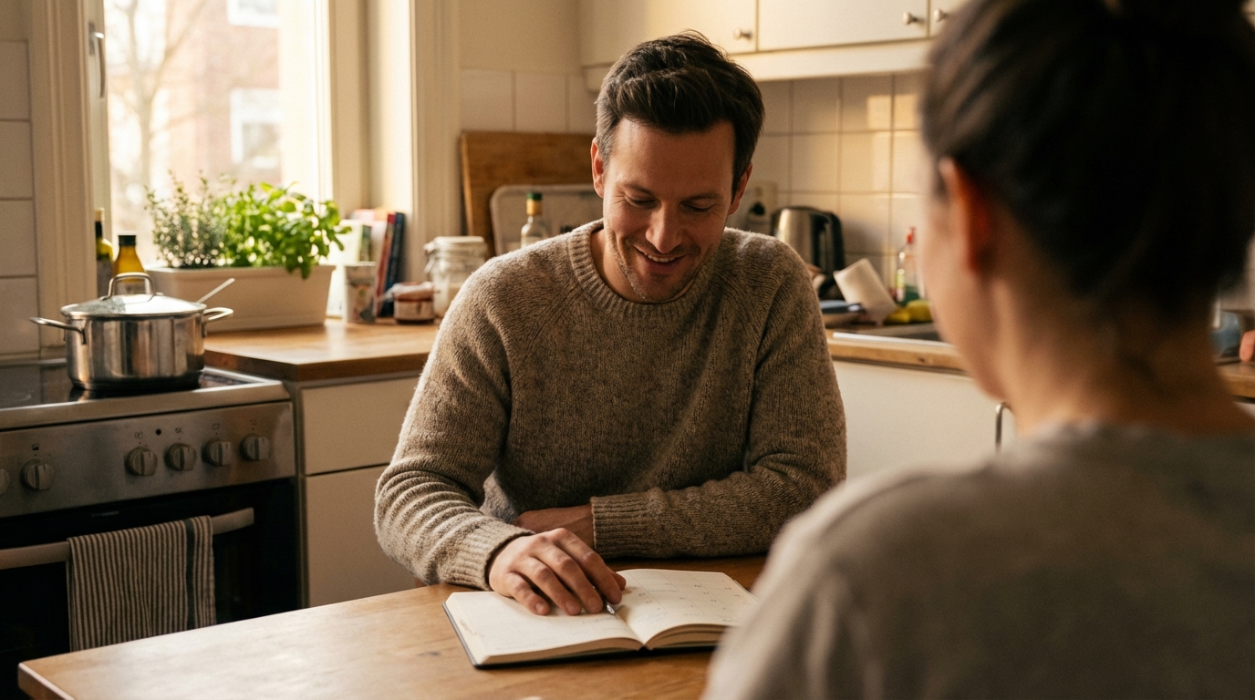 Man sitting at a kitchen table with a planner looking quietly confident