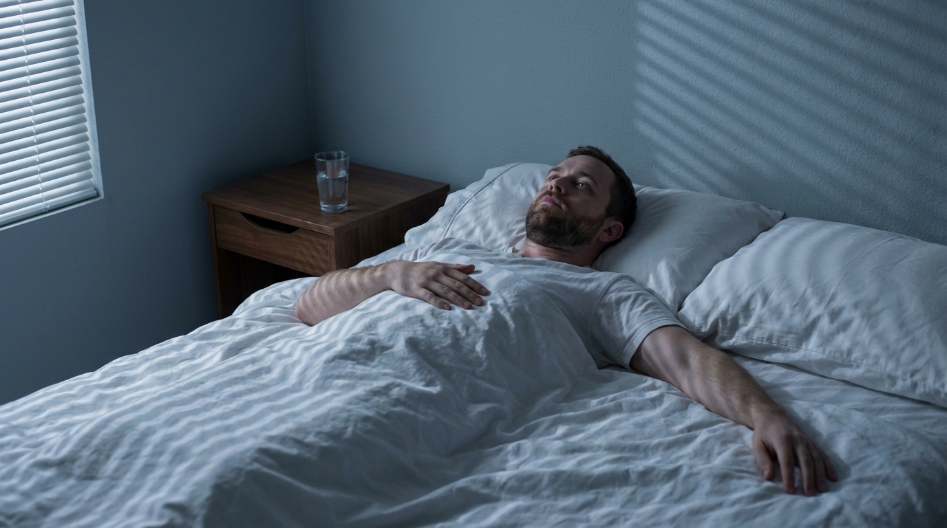 Man lying awake in bed staring at ceiling in cool gray morning light