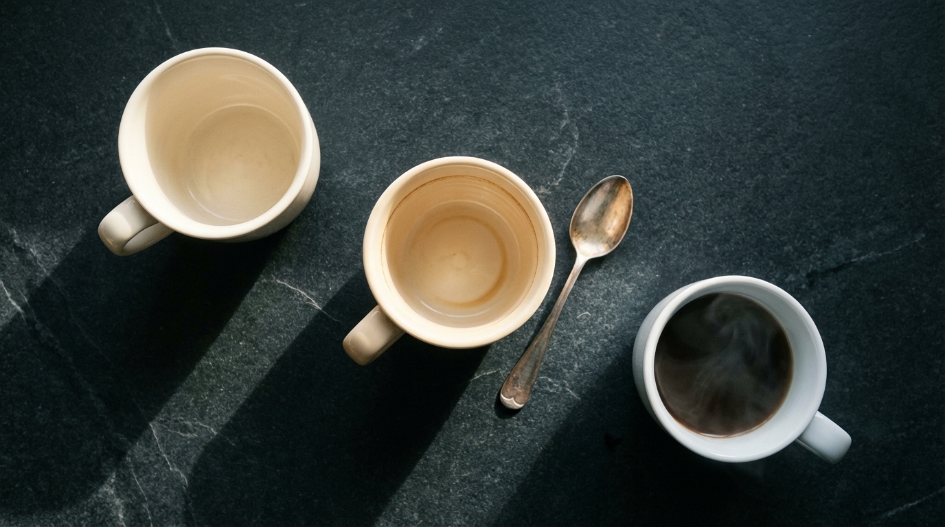 Three coffee cups arranged on dark stone counter in overhead editorial view