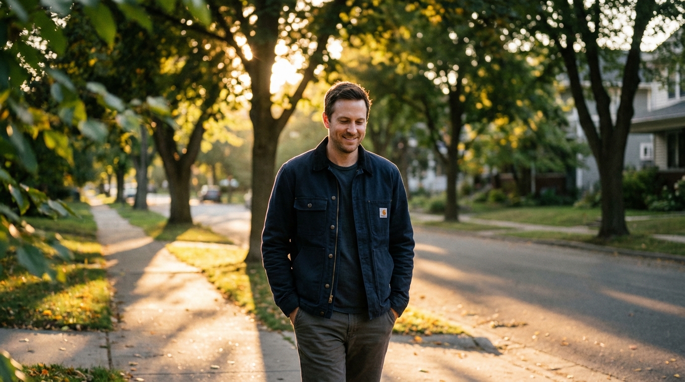 Man walking along tree-lined sidewalk in golden evening light with relaxed stride