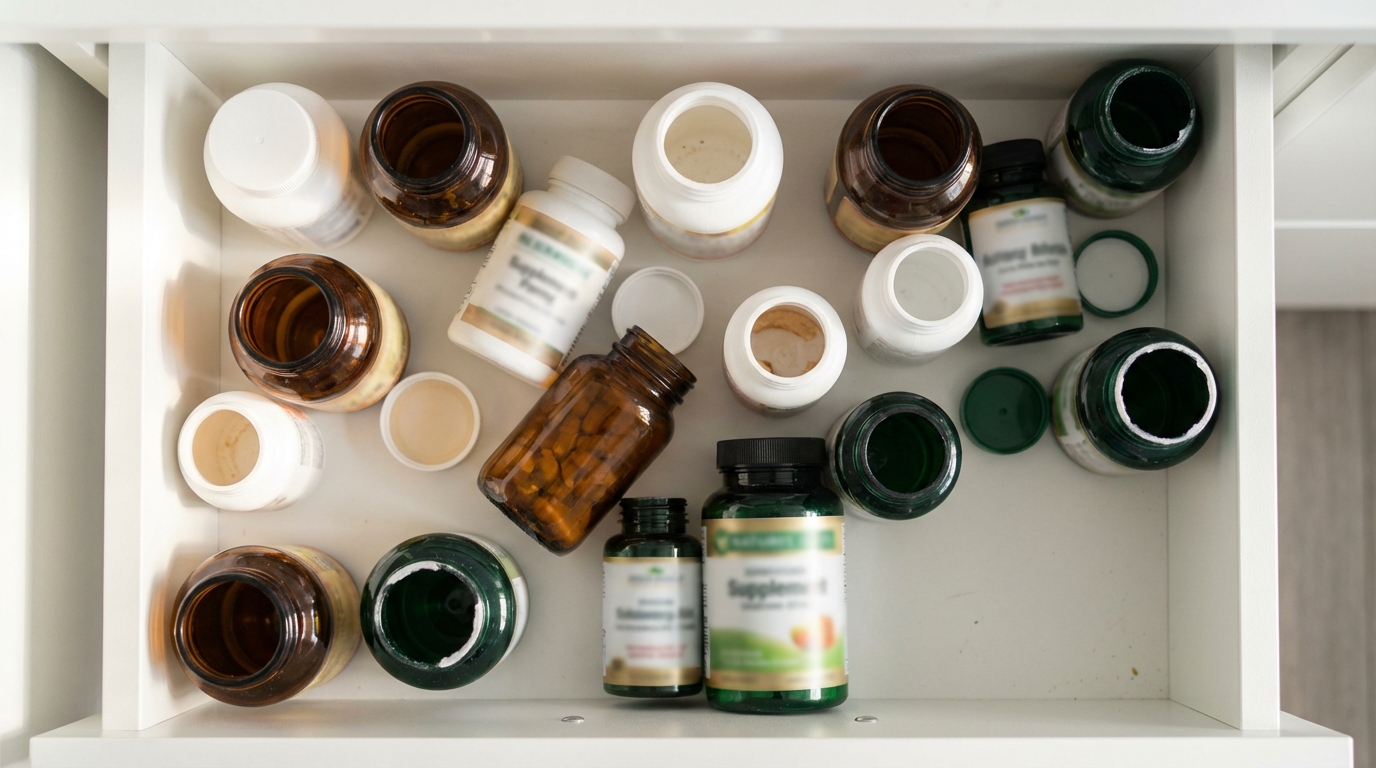 Open bathroom drawer with scattered supplement bottles viewed from above