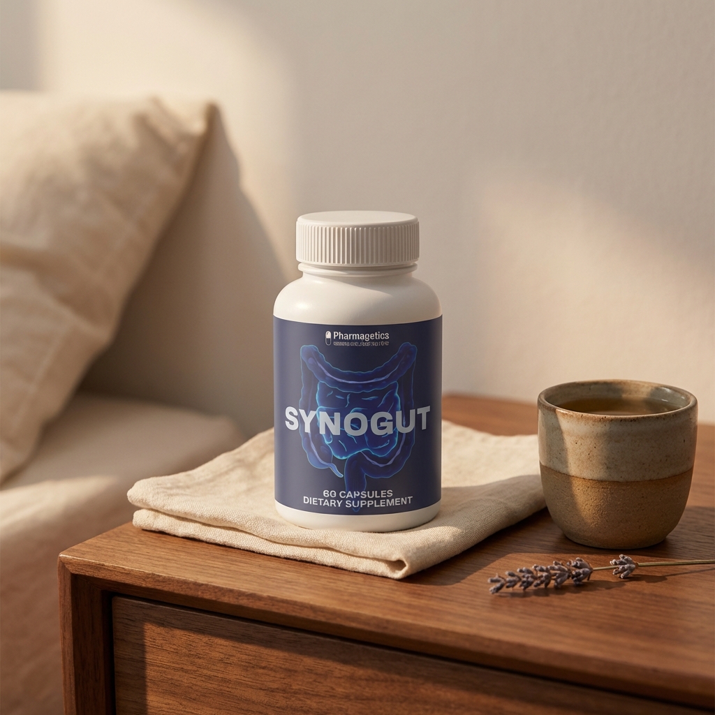 SynoGut bottle on bedside table with chamomile tea and lavender