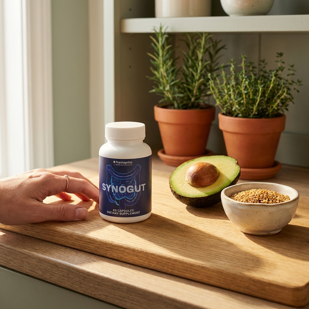 SynoGut bottle on cutting board with flaxseeds in morning light