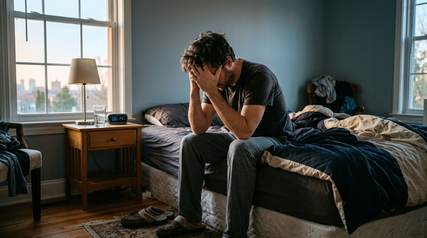 tired man sitting on bed edge morning