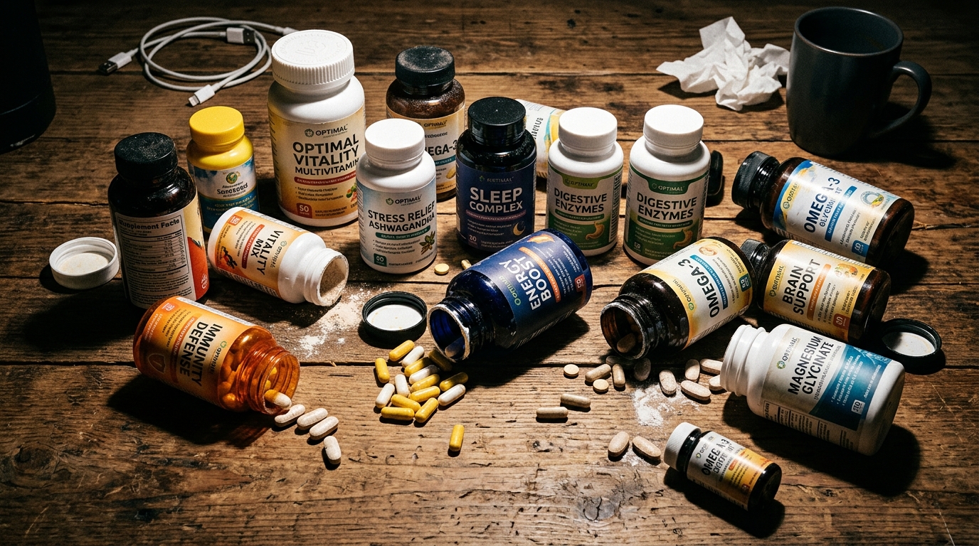 scattered supplement bottles on wooden table