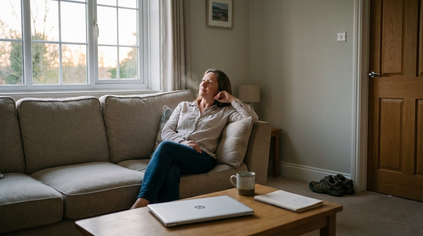 Midlife adult relaxing in the living room after finally settling on a routine