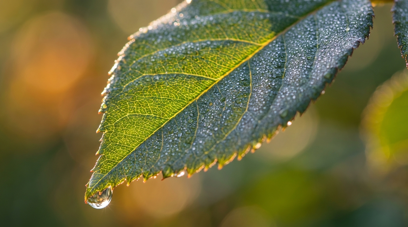 Backlit leaf with dew droplets revealing delicate vein membrane