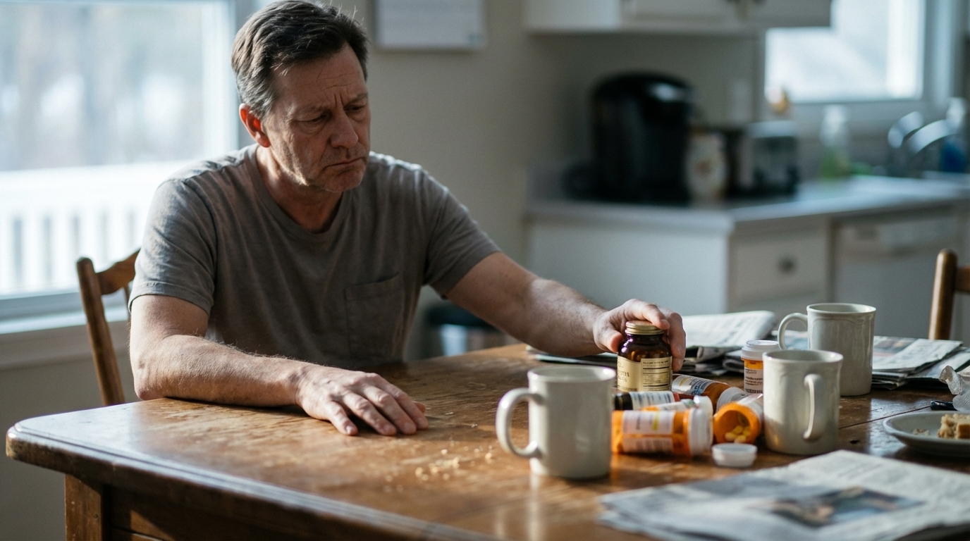 Midlife adult at a table with several supplement bottles, looking unconvinced