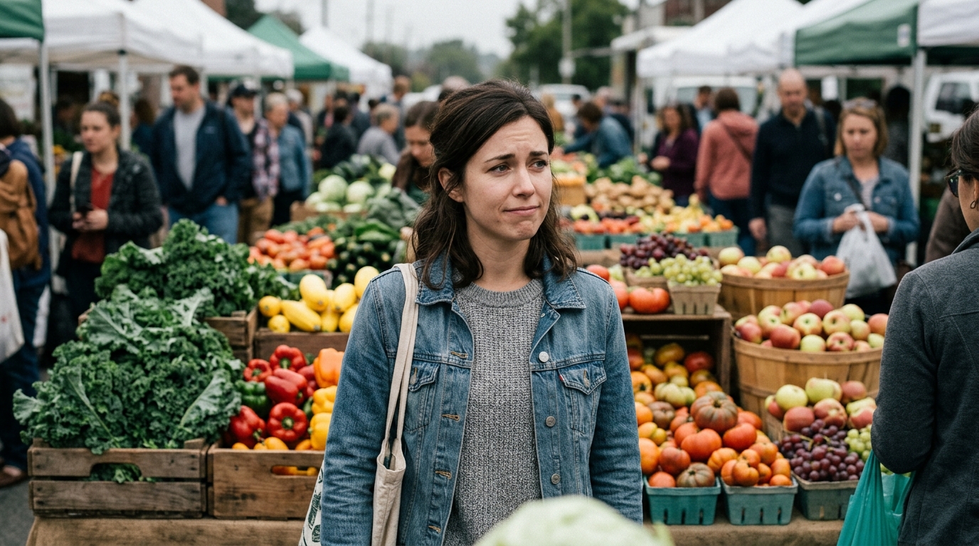 woman farmers market vegetables confusion expression