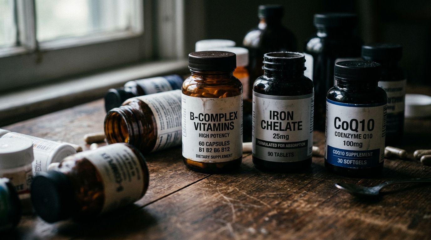 supplement bottles scattered wooden surface shadows