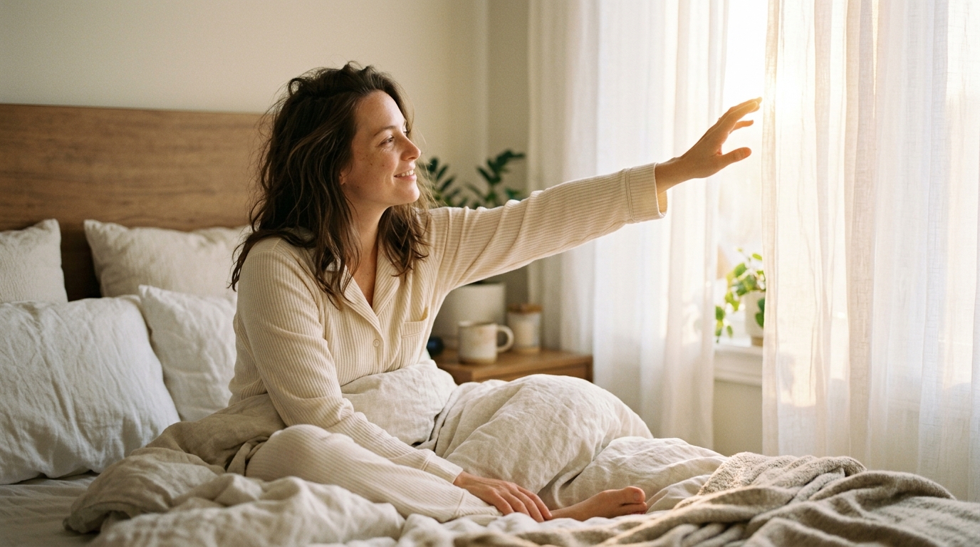 woman waking peacefully morning light bedroom