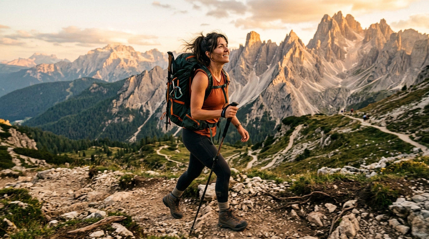 woman hiking mountain trail sunset energy