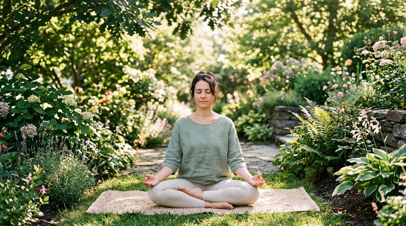 woman meditation garden morning light plants