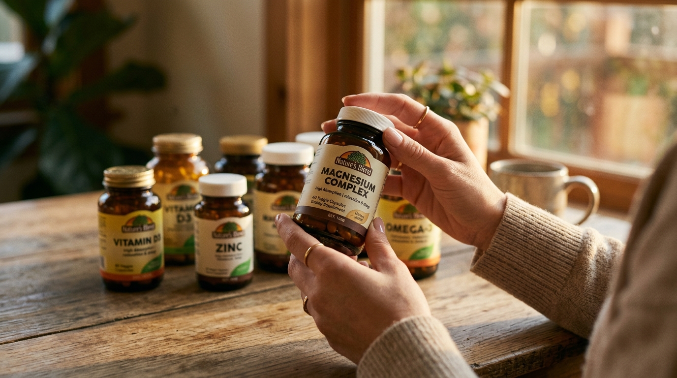 hands examining supplement bottles on wooden table