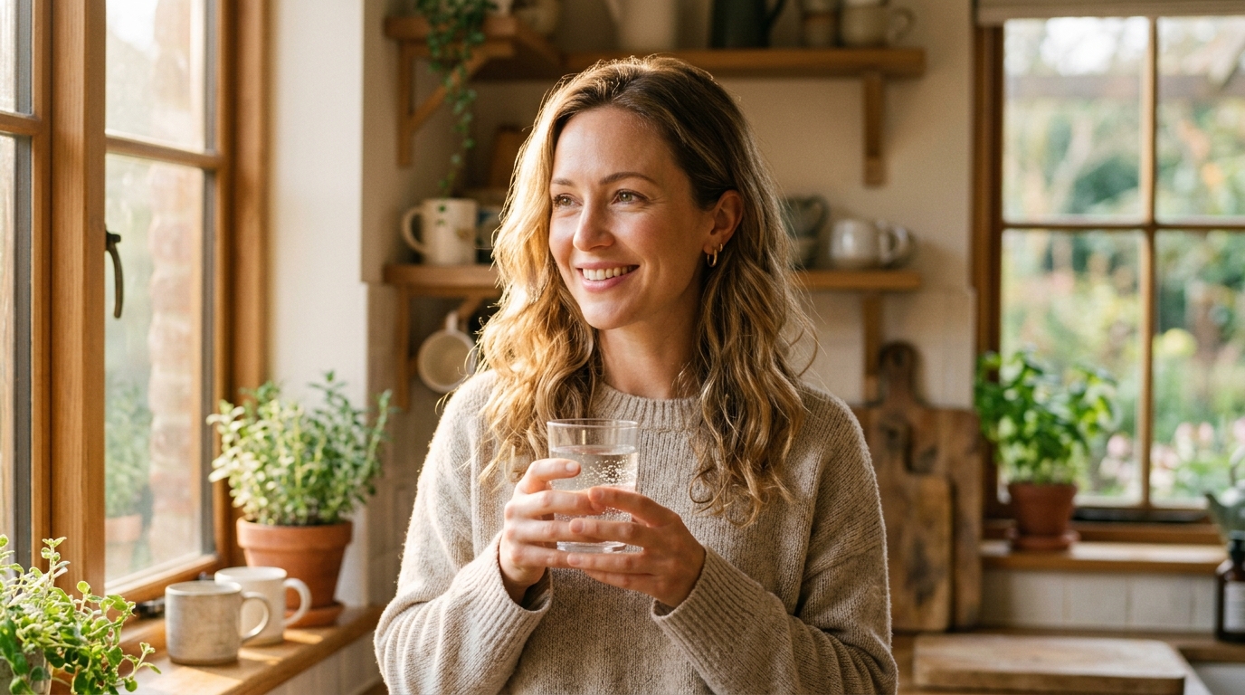 woman with gentle smile in morning kitchen light