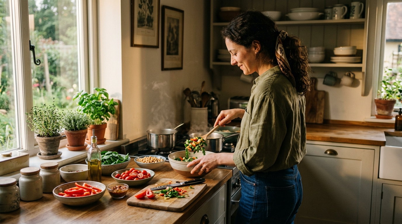 woman preparing meal with relaxed confidence