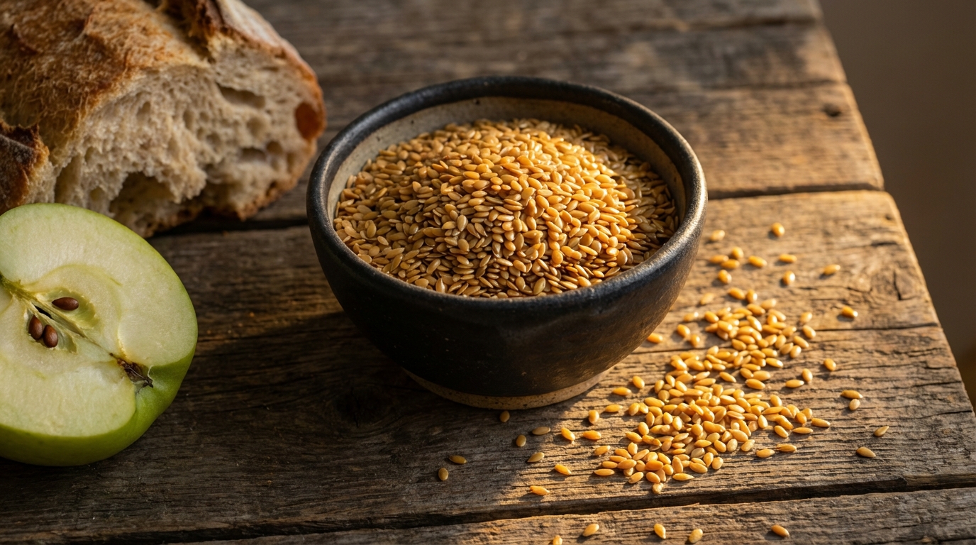 Golden flaxseeds in dark ceramic bowl with sourdough and apple