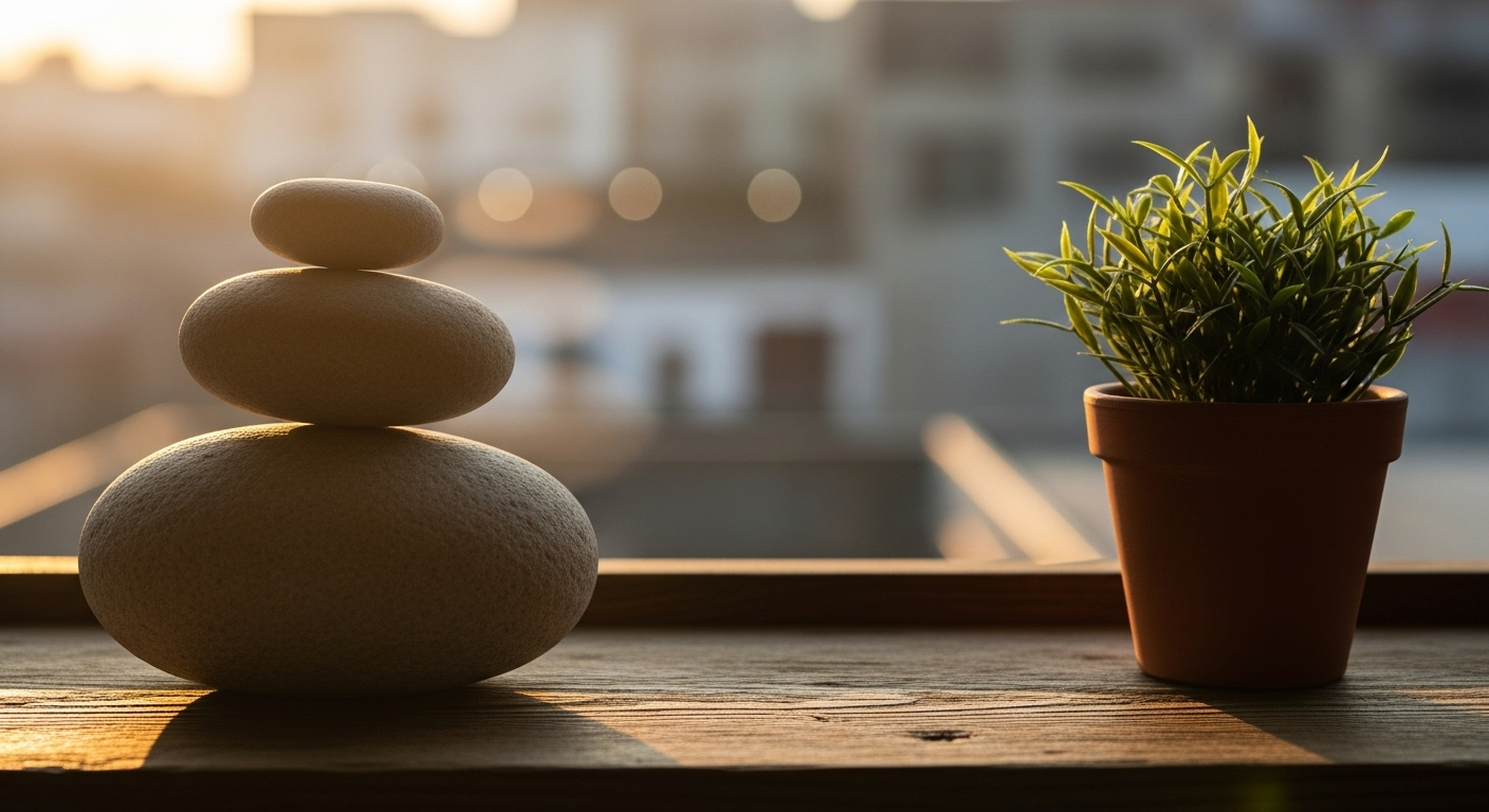 Stack of smooth stones on a windowsill with soft morning light and a small plant.