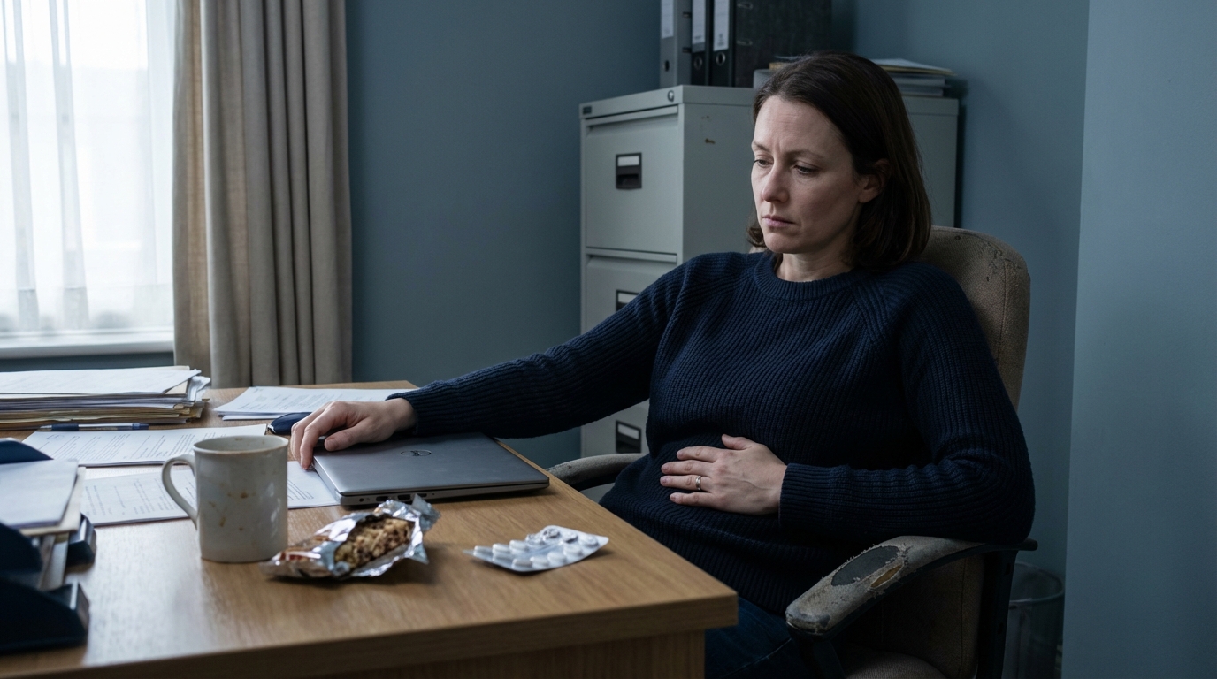 Woman leaning back at cluttered desk hand on abdomen afternoon light