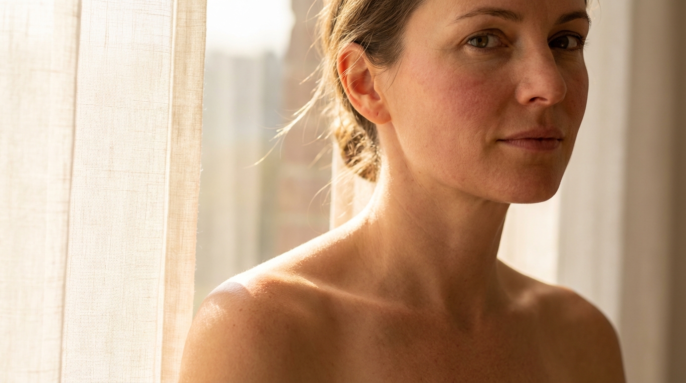 Close editorial portrait of woman in warm side light with luminous natural skin