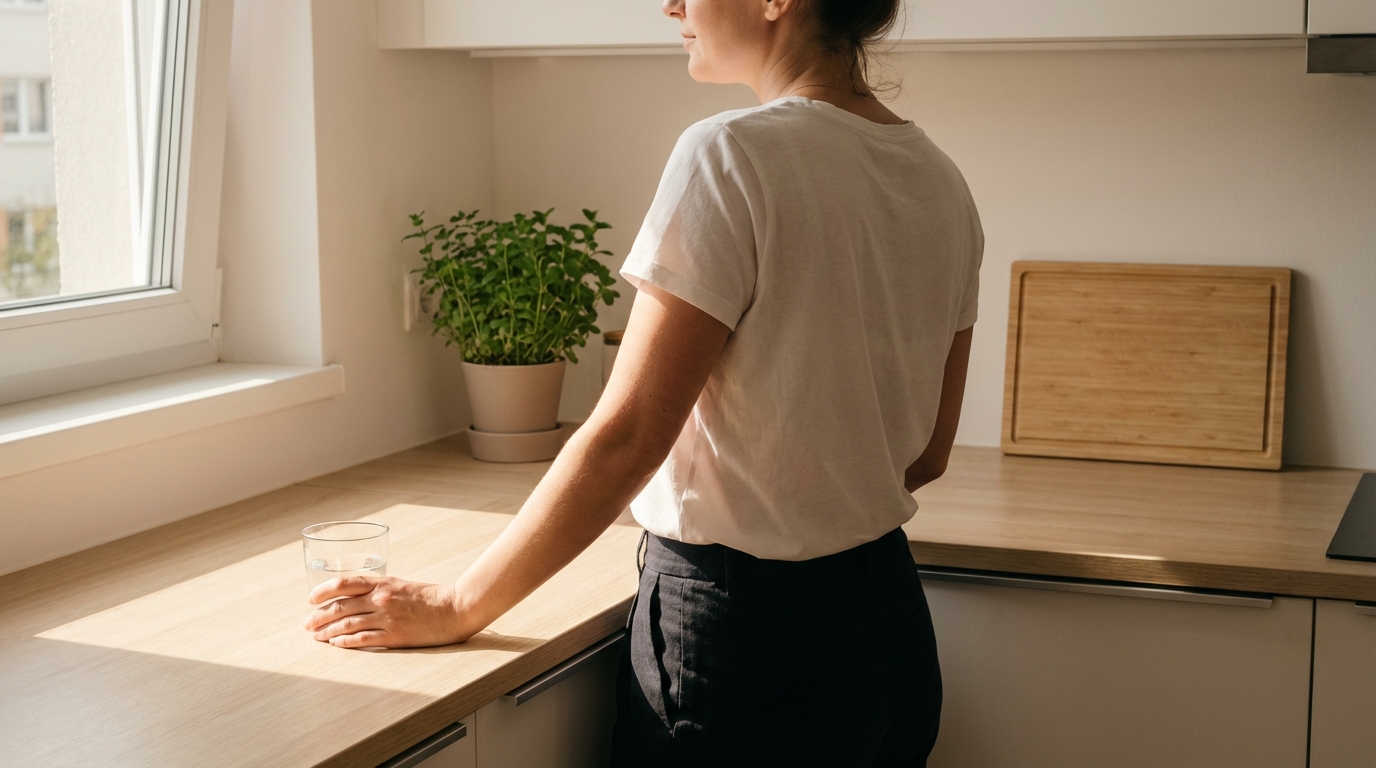 Woman standing at kitchen counter in sunlight holding glass of water