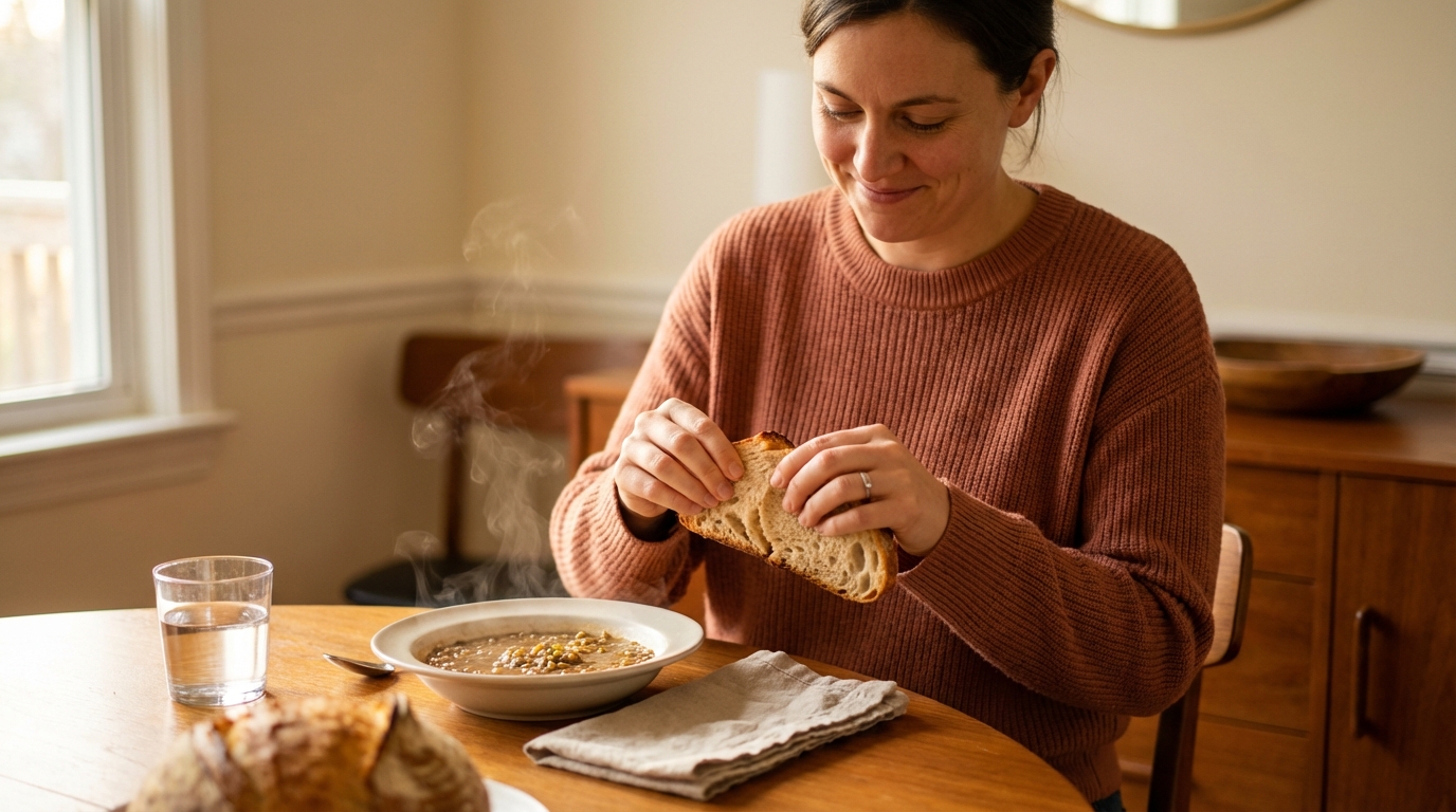 Woman tearing sourdough bread at table with lentil soup warm light