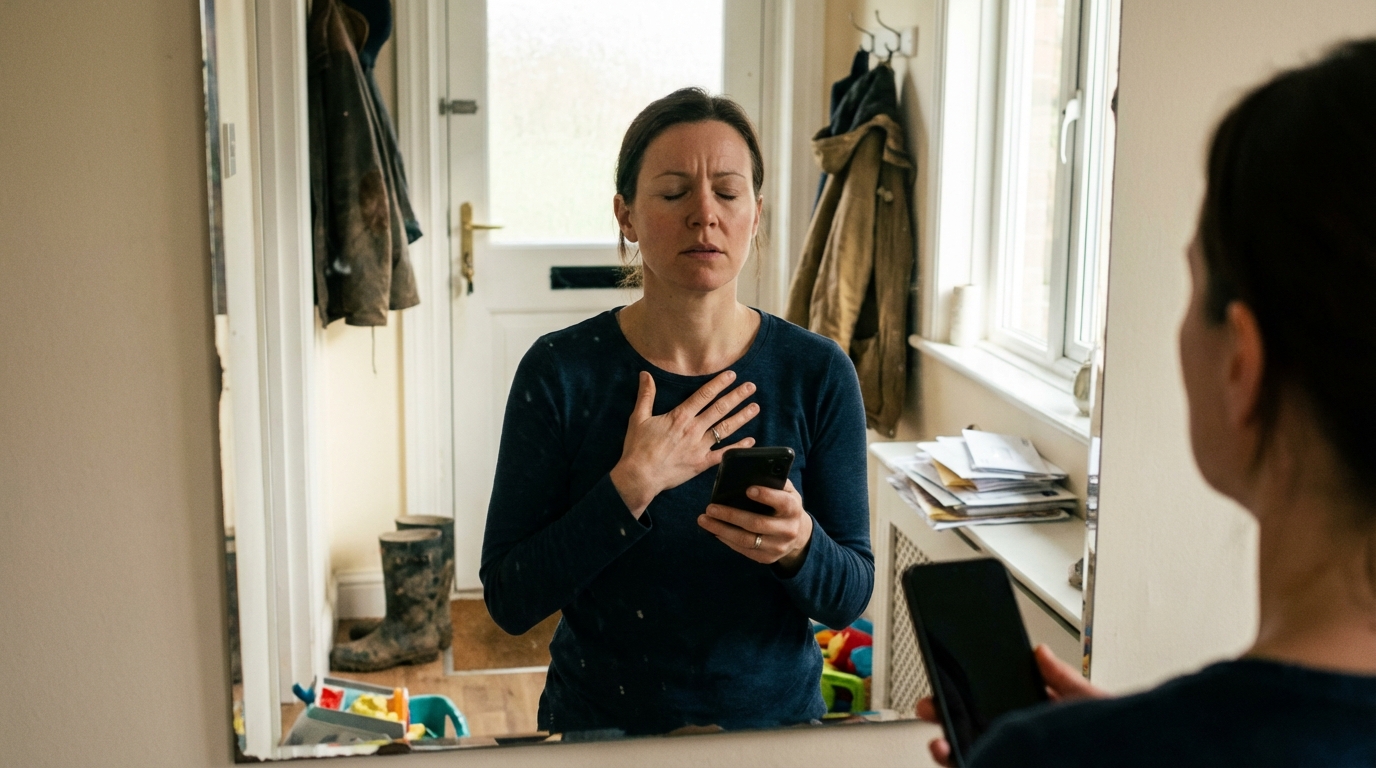 Woman pausing in hallway mirror mid afternoon