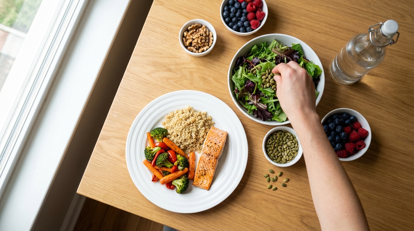 Plate with salmon, quinoa, roasted vegetables, and nuts in bright natural light.