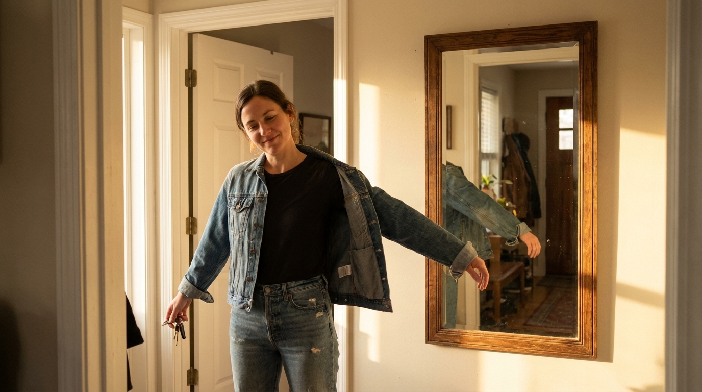Woman getting ready to go out looking relaxed and confident